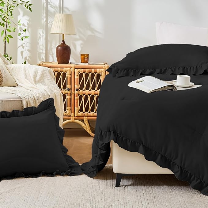 FUANNA King Size Comforter Set Black, 3 Pieces Ruffle King Bedding Set - Image 7