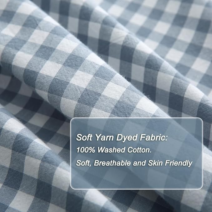 Silnuo Light Blue/White Plaid Ruffle Duvet Cover Full Size, 100% Washed Cotton - Image 4