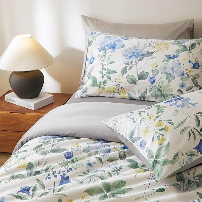 mixinni Reversible Floral Duvet Cover Set King Size, 3 Piece Blue Green - Image 4