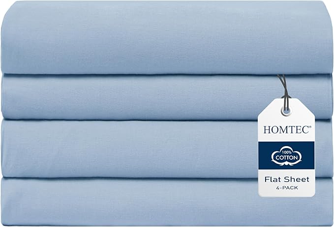 Queen Size Flat Sheet 4 Pack, 100% Cotton Percale Flat Bed Sheet, Breathable by HOMTEC