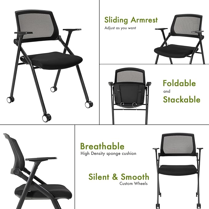 10 Pack Conference Room Chairs with Wheels and Sliding Armrest,Foldable Nesting Chair for Office School Church Waiting Room Black-DeskoryOffice