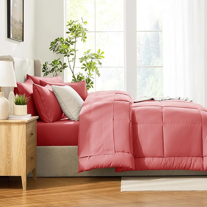CozyLux Queen Comforter Set Coral, 7 Pieces Bed in a Bag, Coral Comforters - Image 9