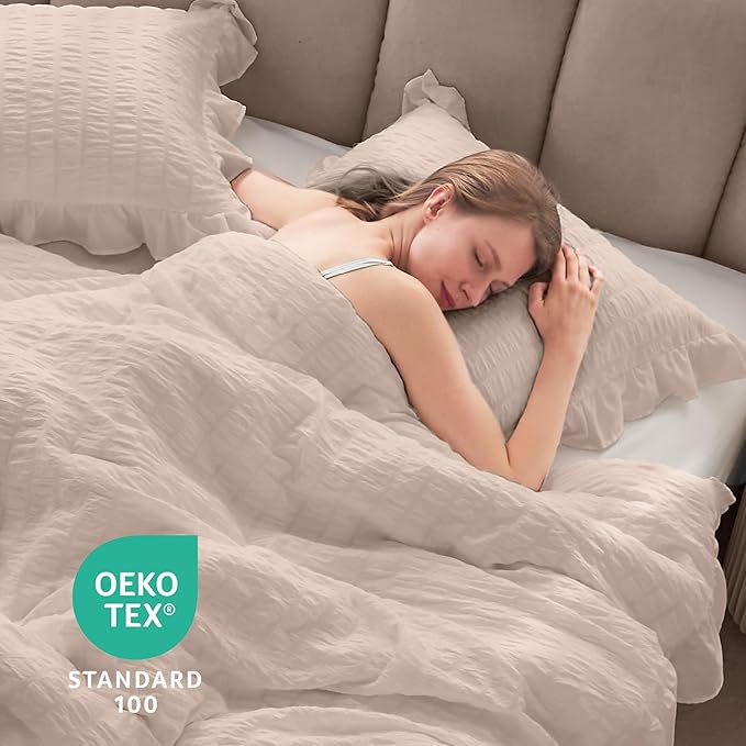 JOLLYVOGUE Beige Twin Size Comforter Set, 2 Pieces Seersucker Lightweight - Image 6