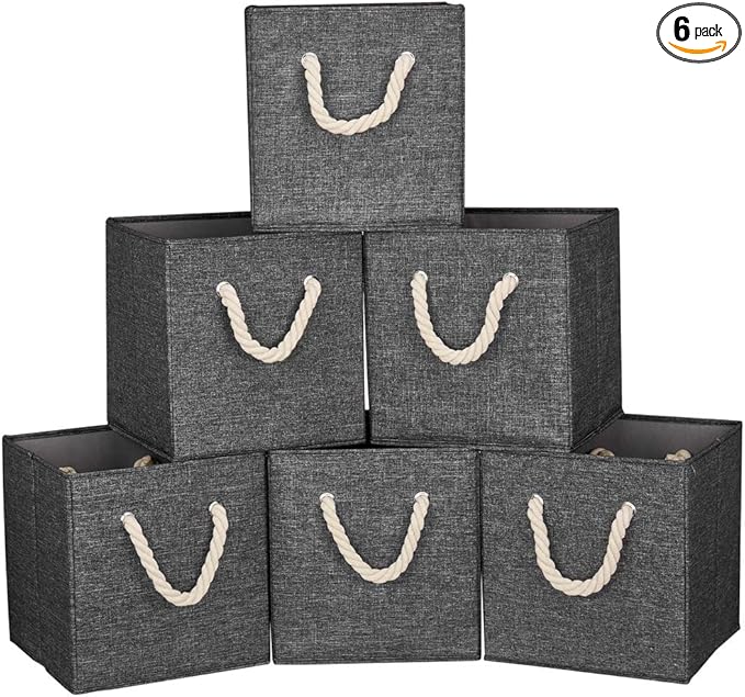 10.5 Inch Fabric Storage Boxes Bins and Cubes - Foldable Storage Basket with Grey Inserts, Package of 6-DeskoryOffice