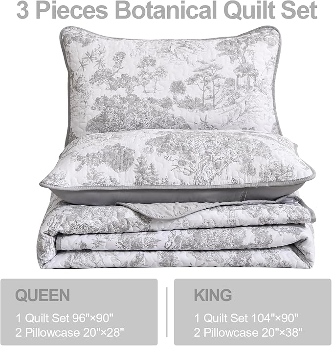 WONGS BEDDING Grey Quilt Set Queen Size, 3 Pieces Botanical Bedspreads Set - Image 5