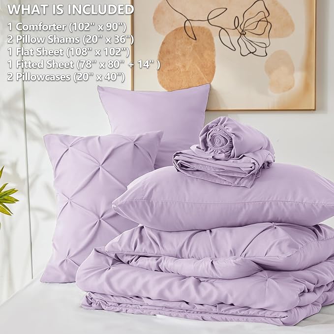 HIMEET Pintuck Bed in a Bag, 7 Pieces King Size Comforter Set Lavender - Image 6