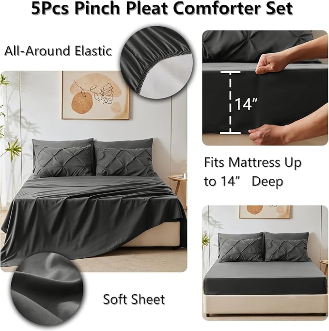 HIMEET Pintuck Bed in a Bag, 5 Pieces Twin XL Comforter Set Dark Grey, Extra - Image 6