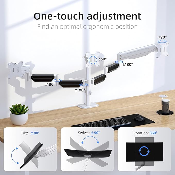 suptek Triple Monitor Mount for Most 17 to 32 inch Screens,Gas Springs Adjustment Triple Monitor Desk Mount Stand with Clamp & Grommet Kit,White(MD8003W)-DeskoryOffice