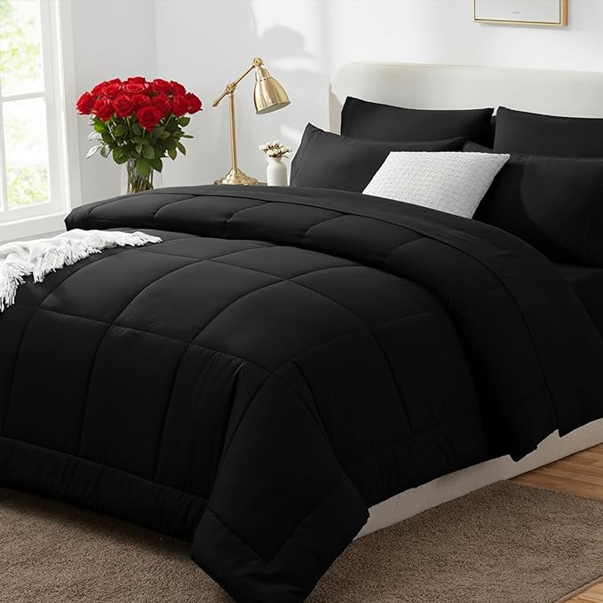 CozyLux Oversized Queen Comforter Sets Black, 7 Pieces Bed in a Bag, Ultra-Soft by CozyLux