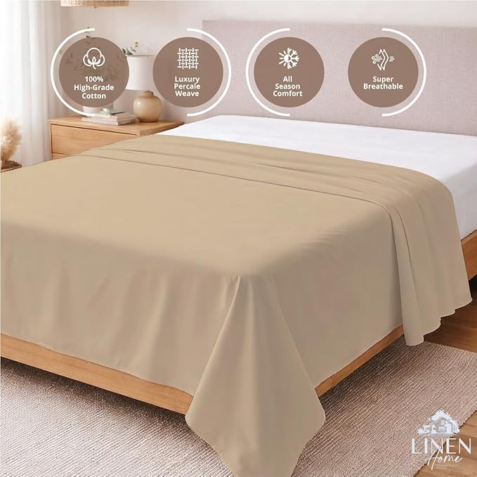Linen Home 100% Cotton Percale 1 Flat Sheet, King Size - Image 3