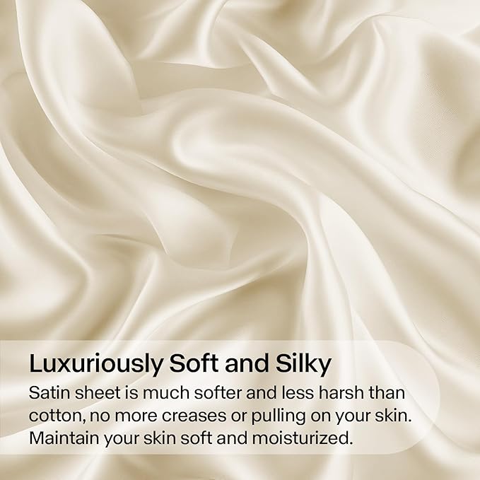 BEDELITE Satin Sheets Full Size Bed Set, Luxury Soft Beige Silky Sheet - Image 3