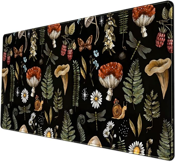 Black Mouse Pad Cottage Core Aesthetic Mouse Pads Mushroom Desk Pad Vintage Mouse Pad Forest Magic Nature Large Desk Pad Ergonomic Mouse Pads with Stitched Edges Non-Slip Computer Mat 31.5x15.7 in-DeskoryOffice