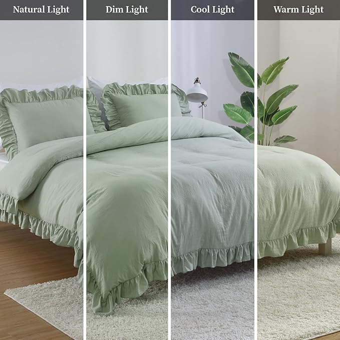 Sage Green Ruffled Duvet Cover Twin, Sage Green, 68x90 in - Image 7