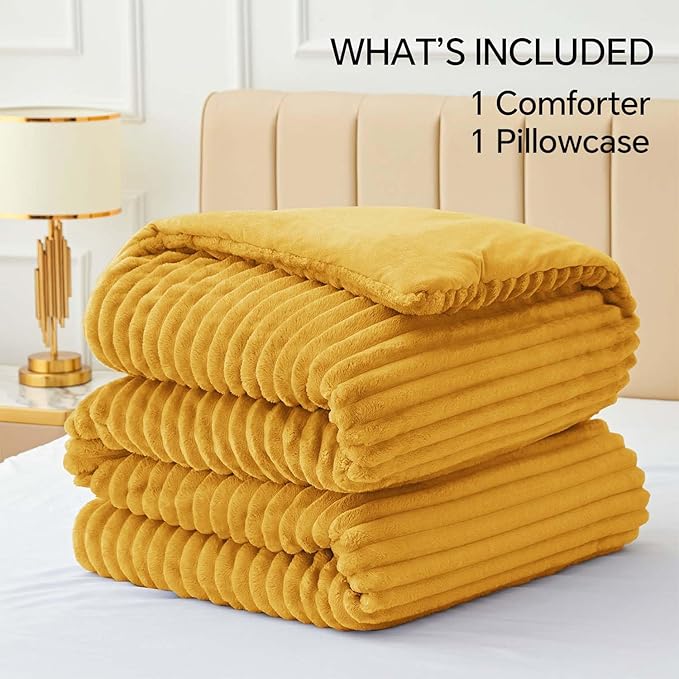 BEDELITE Fleece Twin Comforter Set -Super Soft & Warm Fluffy Mustard Yellow - Image 6