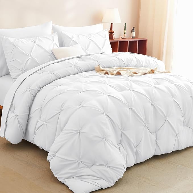 HIMEET Pintuck Bed in a Bag, 7 Pieces Oversized King Comforter Set White - Image 5