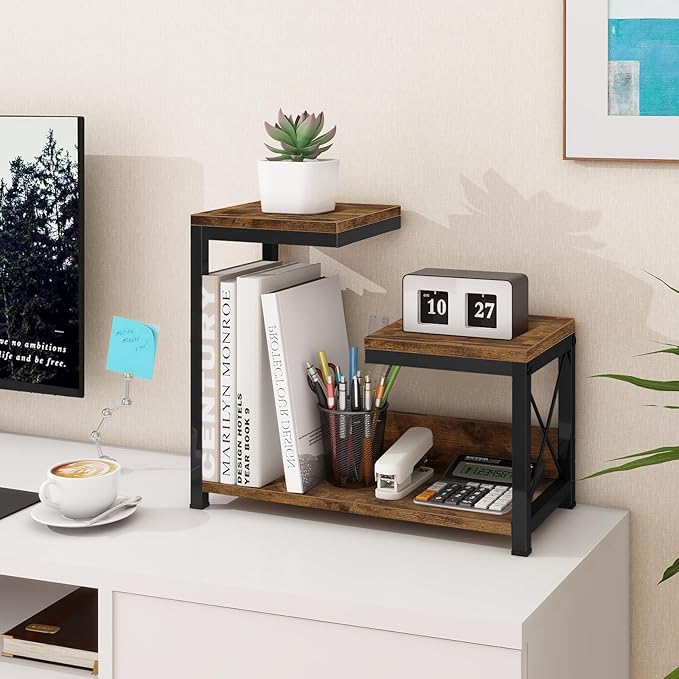 ELITEROO Desktop Shelf Organizer, 3 Tier Office Shelves, Wood Desk Organizers Storage Rack and Freestanding Display Shelf for Office, Dormitory, Home, Rustic Brown-DeskoryOffice