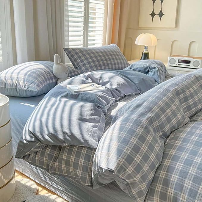 Nayoroom Plaid Duvet Cover Queen Size Blue Checkered Gingham Duvet Cover 3 Pcs by Nayoroom