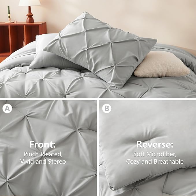 CozyLux King Size Comforter Set Light Grey, 7 Pieces Pintuck Bed in A Bag Gray - Image 3