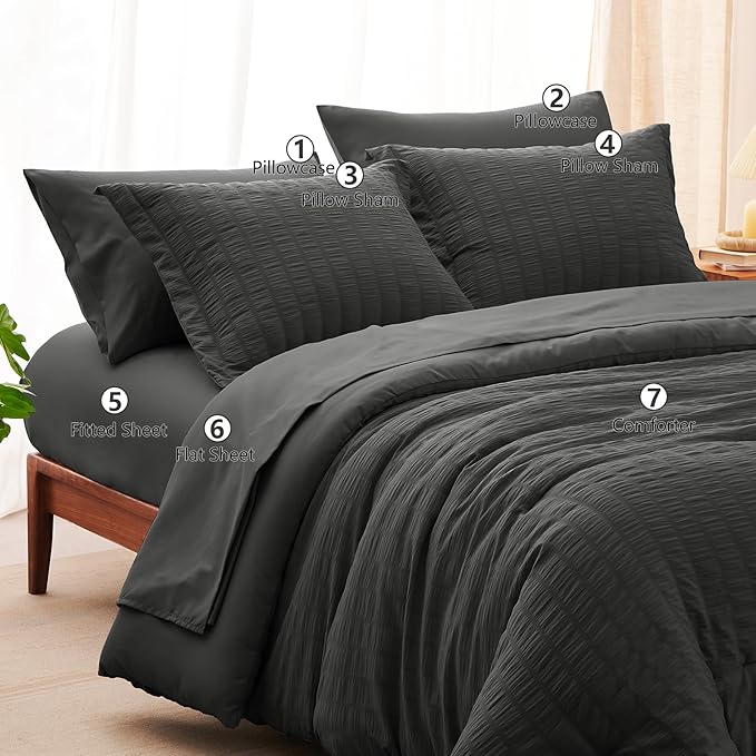 CozyLux King Size Comforter Set Dark Grey Seersucker 7 Pieces Bed in a Bag King - Image 7