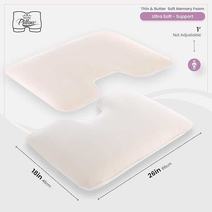 Wife Pillow - Insert, Plush Molded Memory Foam 80D - Can Use As Thin Sleeping Pillow for Stomach Sleeper. Ergonomic Size, Orthopedic Neck U Shaped Cutout: Ulta Soft High-Density Layer Support