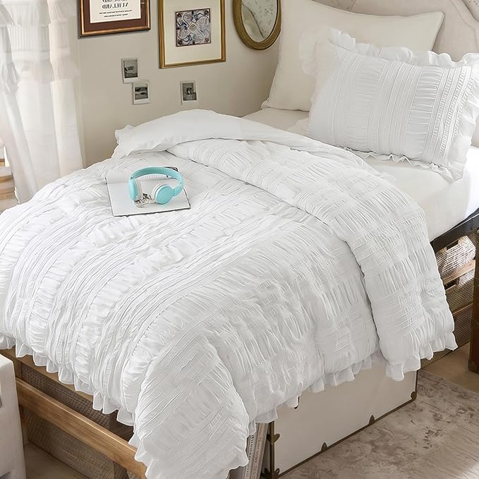 WONGS BEDDING White Comforter Set Twin, 3 Pieces Ruffle Shabby Chic Comforter - Image 3
