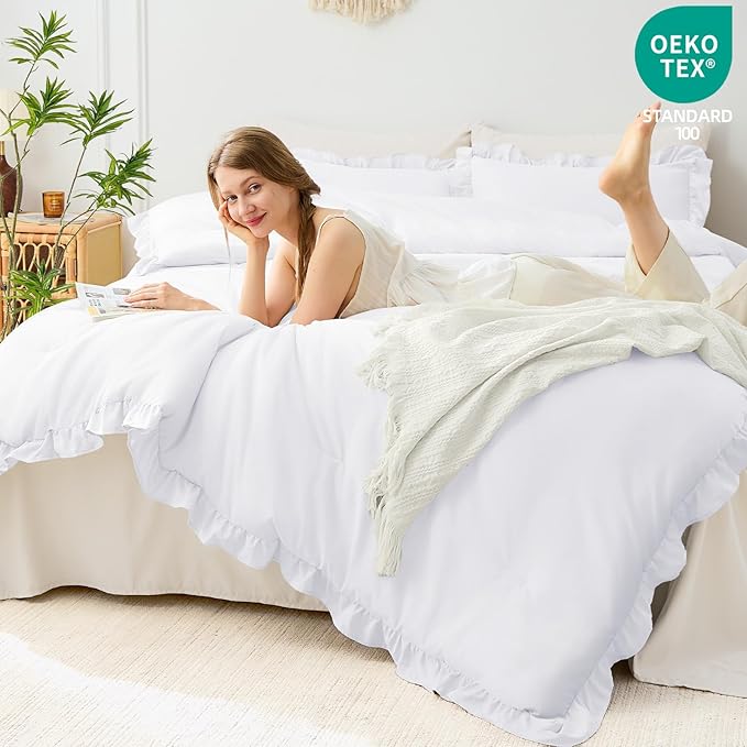 FUANNA Twin Comforter Set White, 2 Pieces Ruffle Twin Bed Set, Fluffy Twin - Image 3