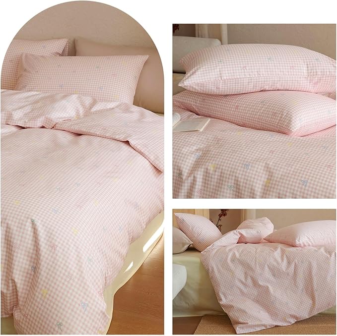 mixinni Gingham Duvet Cover Twin XL Size, 100% Cotton Light Pink and White - Image 7