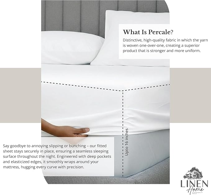 Linen Home 100% Cotton Percale Sheet Set, Full Size, Snow White, Deep Pocket - Image 4