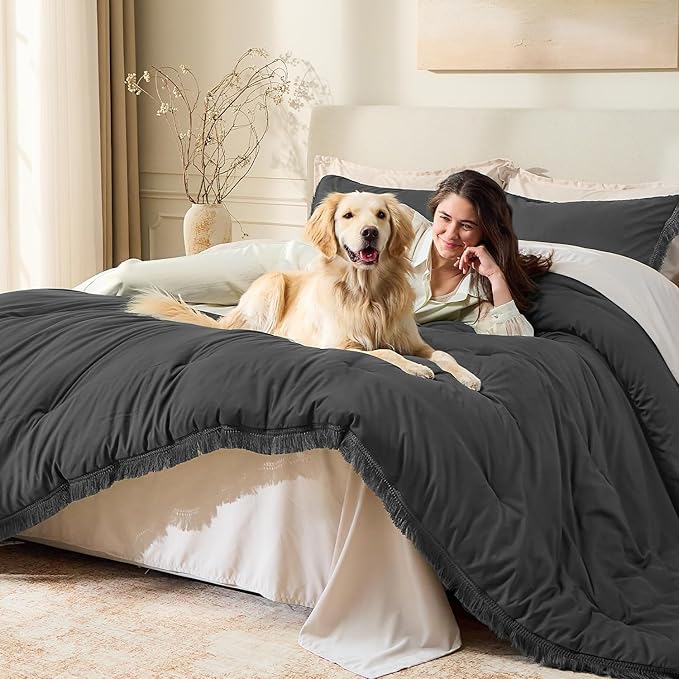 Andency Queen Comforter Set Dark Grey, 3 Pieces Boho Tassel Lightweight Bedding - Image 3