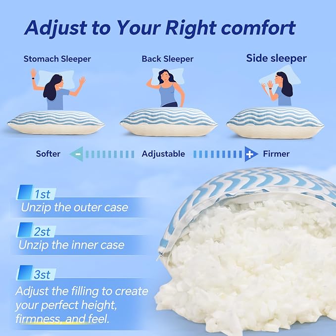 SLEEPDIARY Queen Pillow 1 Pack – Adjustable Shredded Memory Foam Cooling Bed - Image 5