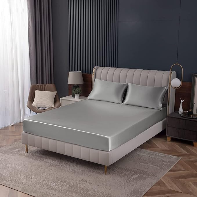 Homiest Light Grey Satin Fitted Sheet Twin XL Size, Deep Pocket, Luxury & Ultra - Image 9