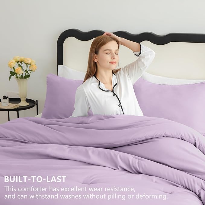 CozyLux Lavender King Size Comforter Set, 3 Pieces Light Purple Solid - Image 3