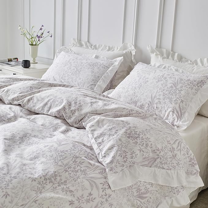 SUSYBAO Lilac Flower Duvet Cover King 100% Cotton 3 Pcs Set 1 Lilac Purple - Image 2