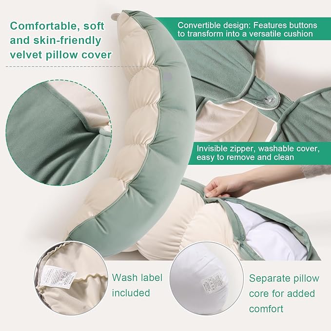 Peallow(Pat. Pend) – Long Round Body Pillow for Adults, Bolster Pillow for Sleeping, Soft and Supportive Pillow for Sleeping & Lumbar Support (Green-White, 29.5")