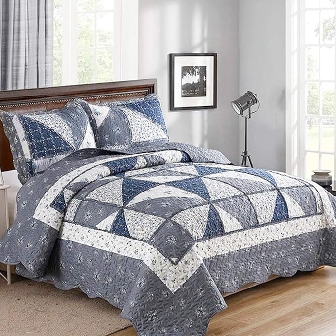Patchwork Quilt Set King Size Quilted Bedspread Coverlet Set 3-Piece Grey by VIVILINEN