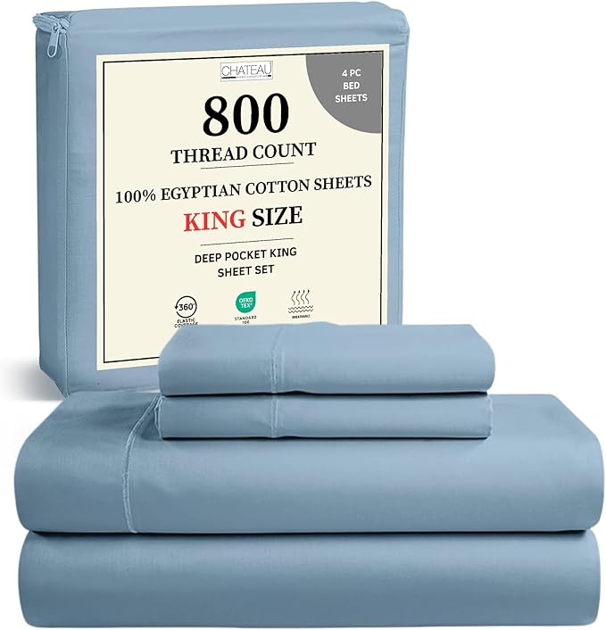 100% Egyptian Cotton Sheets For King Size Bed, 800 Thread Count Sateen Weave by CHATEAUHOMECOLLECTION