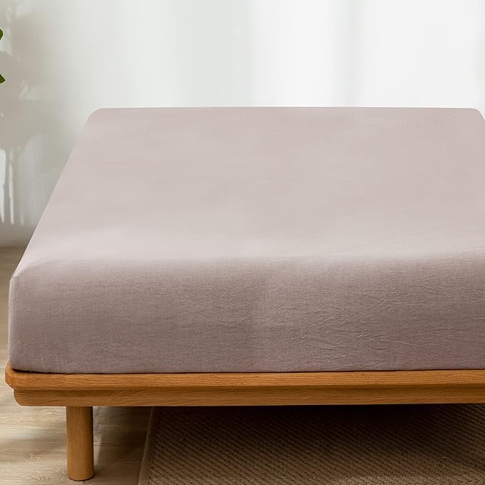 MooMee Fitted Bottom Sheet Only 100% Washed Cotton Linen Like Textured Breathable Durable Soft Comfy Deep Pocket Fits Mattress up to 17" (Mauve Brown, Queen)