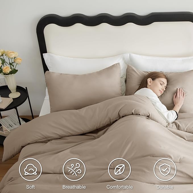 CozyLux Full Size Comforter Set Khaki, 3 Pieces Solid Breathable Quilted - Image 5