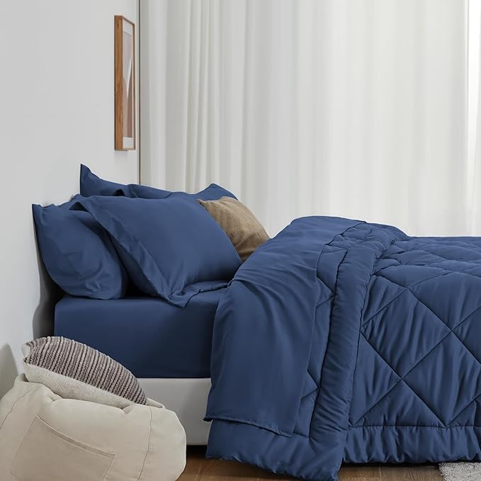 Love's cabin King Size Comforter Set Dark Blue, 7 Pieces King Bed in a Bag - Image 3