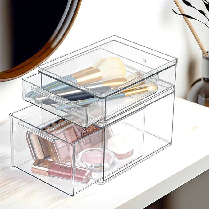 Set of 2 Stackable Storage Drawers - 6.7" Clear Plastic Drawer Storage, Acrylic Makeup Organizer, Desk Counter Cabinet Office Organizer, Bathroom Organizers and Storage (Modern/Set of 2)-DeskoryOffice