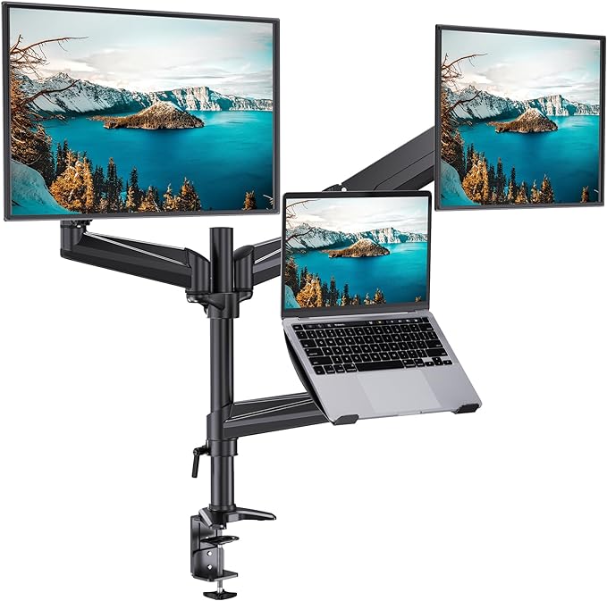 HUANUO Dual Monitor and Laptop Mount for Max 32” Monitor and 17” Laptop, Adjustable Spring Arm with Tilt, Swivel and Rotation, Dual Monitor and Notebook Stand with VESA Bracket 75/100 mm-DeskoryOffice