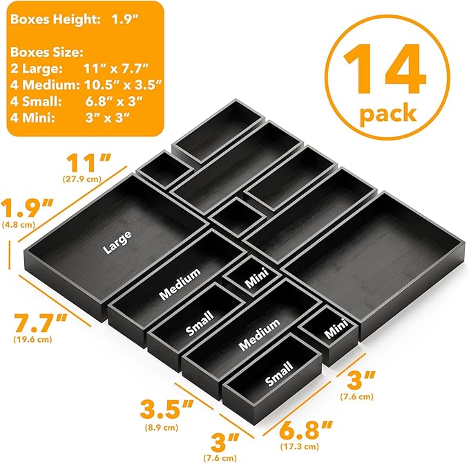 SpaceAid 14-Piece Bamboo Drawer Organizer Storage Boxes Set, Wood Tray Junk Drawer Organizers Multi-Use Divider Bins for Kitchen, Bathroom, Office Desk and Makeup Organization (14 Pack, Black)-DeskoryOffice