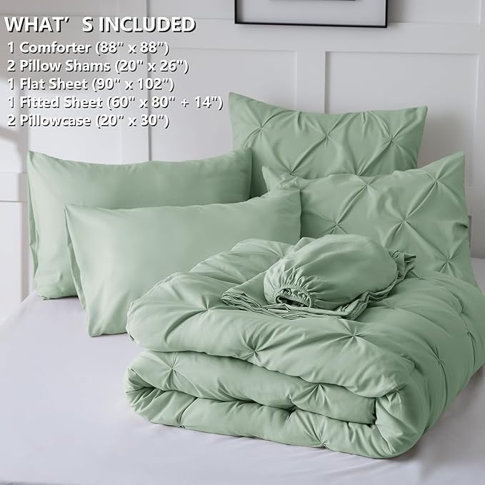 CozyLux Queen Comforter Set Sage Green, 7 Pieces Pintuck Bed in A Bag, Premium - Image 7