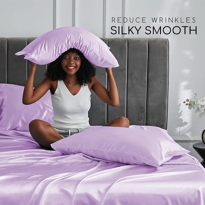 MR&HM Satin Bed Sheets with Elastic Corner Straps, Queen Size Sheets Set - Image 3