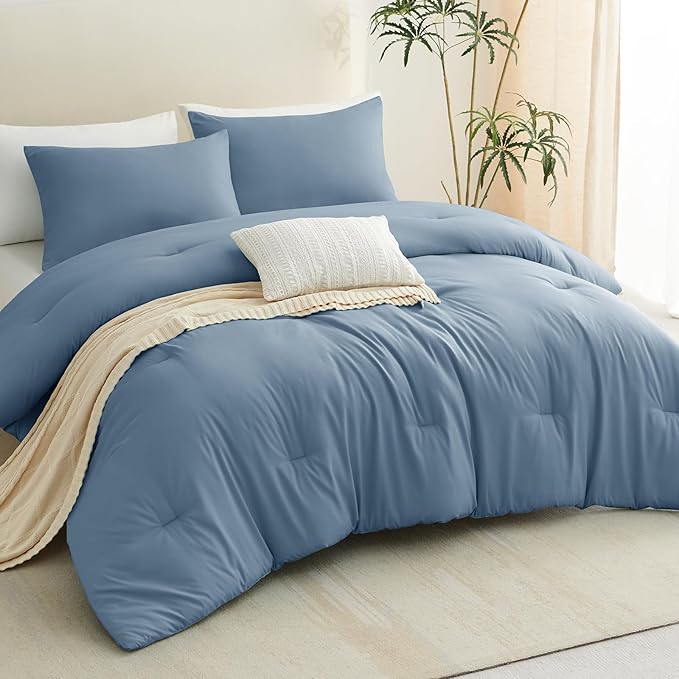 CozyLux California King Comforter Set Grayish Blue, 3 Pieces Cal King Solid - Image 9