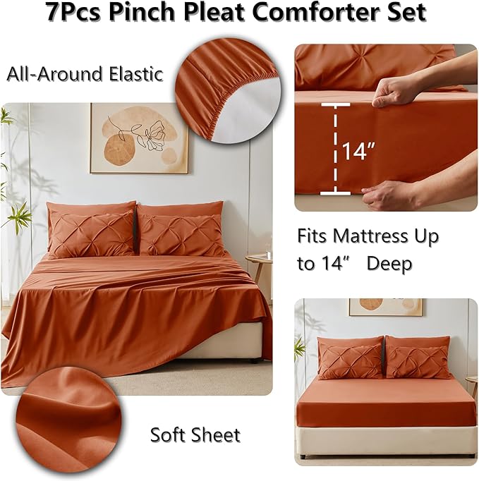 HIMEET Pintuck Bed in a Bag, 7 Pieces King Size Comforter Set Burnt Orange - Image 6