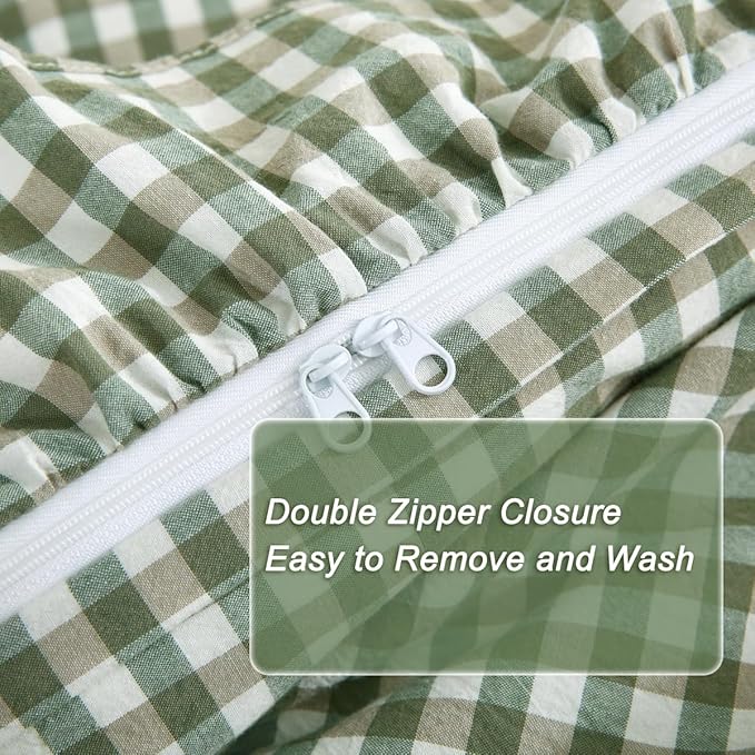 Silnuo Sage Green/White Plaid Ruffle Duvet Cover King Size, 100% Washed Cotton - Image 5