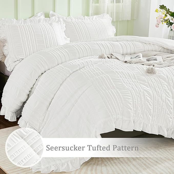 WONGS BEDDING White Comforter Set King, 3 Pieces Ruffle Farmhouse Shabby Chic - Image 5