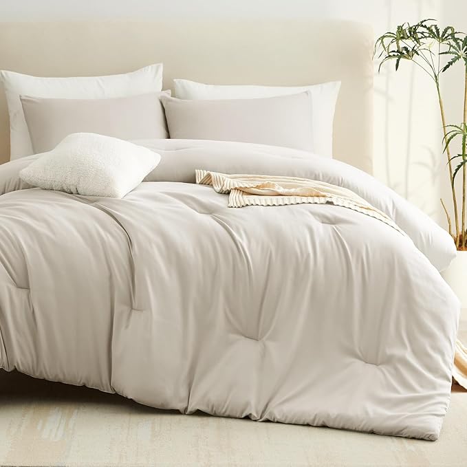 CozyLux Oversized Queen Comforter Set Beige, 3 Pieces 98x98 Solid Breathable - Image 8
