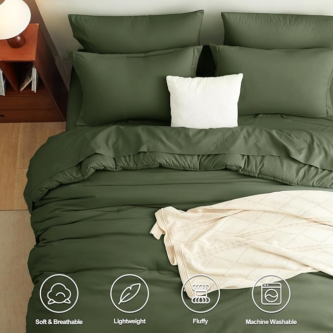 CozyLux King Size Comforter Set Olive Green, 7 Pieces Bed in a Bag King - Image 2